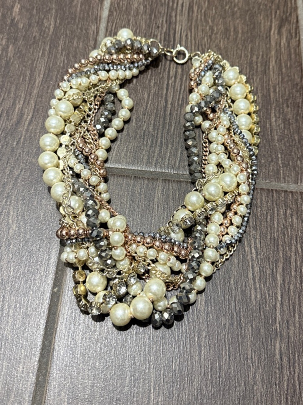 Multi-Strand Pearl & Bead Twist Statement Necklace - Ivory, Gold, Silver